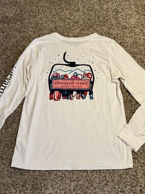 Vineyard Vines White Long Sleeve Tee with Pink & Blue Ski Lift Graphic - Adult S